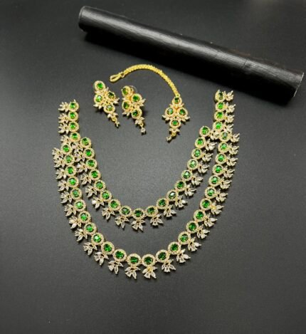 Golden Plated Carat Diamond Green Stones DOUBLE LAYER PARTYWEAR Necklace Set #8