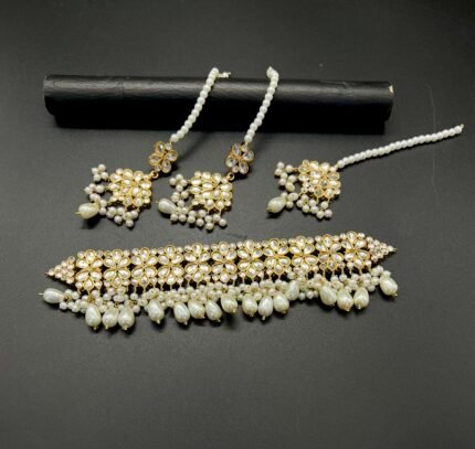 Kundan Partywear Jewelry Set – Elegant Floral Design with Pearl Detailing all colours available