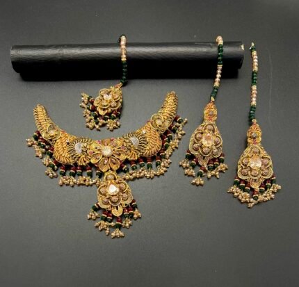 Golden Plated Antique Bridal Set – Champagne, Green & Maroon Beaded Partywear Elegance
