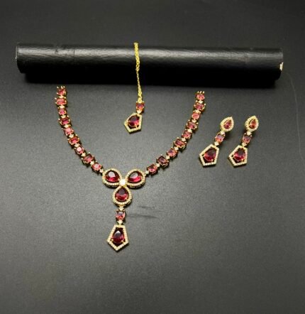 Golden Plated Carat Diamond Necklace Set – Premium Red Zircon Stones with Real Diamond Finish all colours available