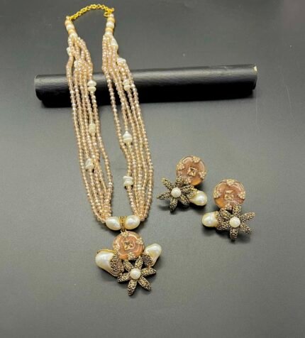 Golden Plated Turkish Mala Set with White Pearls & Crushed Stones — A Regal Statement of Artistry