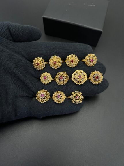 Gold Plated Floral Design Ring – Ruby Red Center Stone