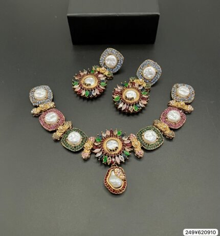 Gold Plated MOP Designer Necklace Set with Earrings – all color Edition