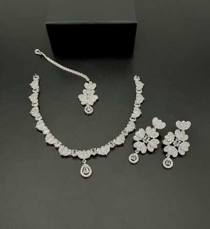 Silver Plated American Diamond Set with Real Stones