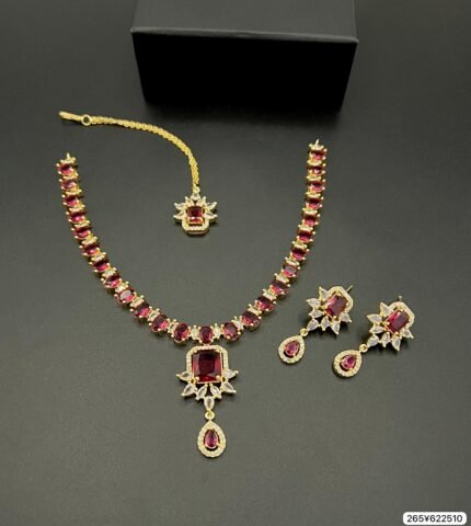 Golden Plated American Diamond Necklace Set with Earrings & Maang Tikka – Real Stone Edition