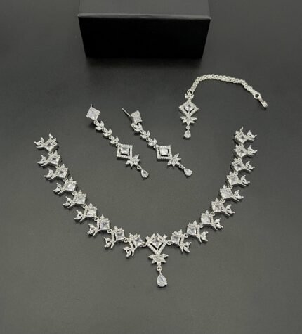 Premium American Diamond Necklace Set with Earrings – Real Stone Edition