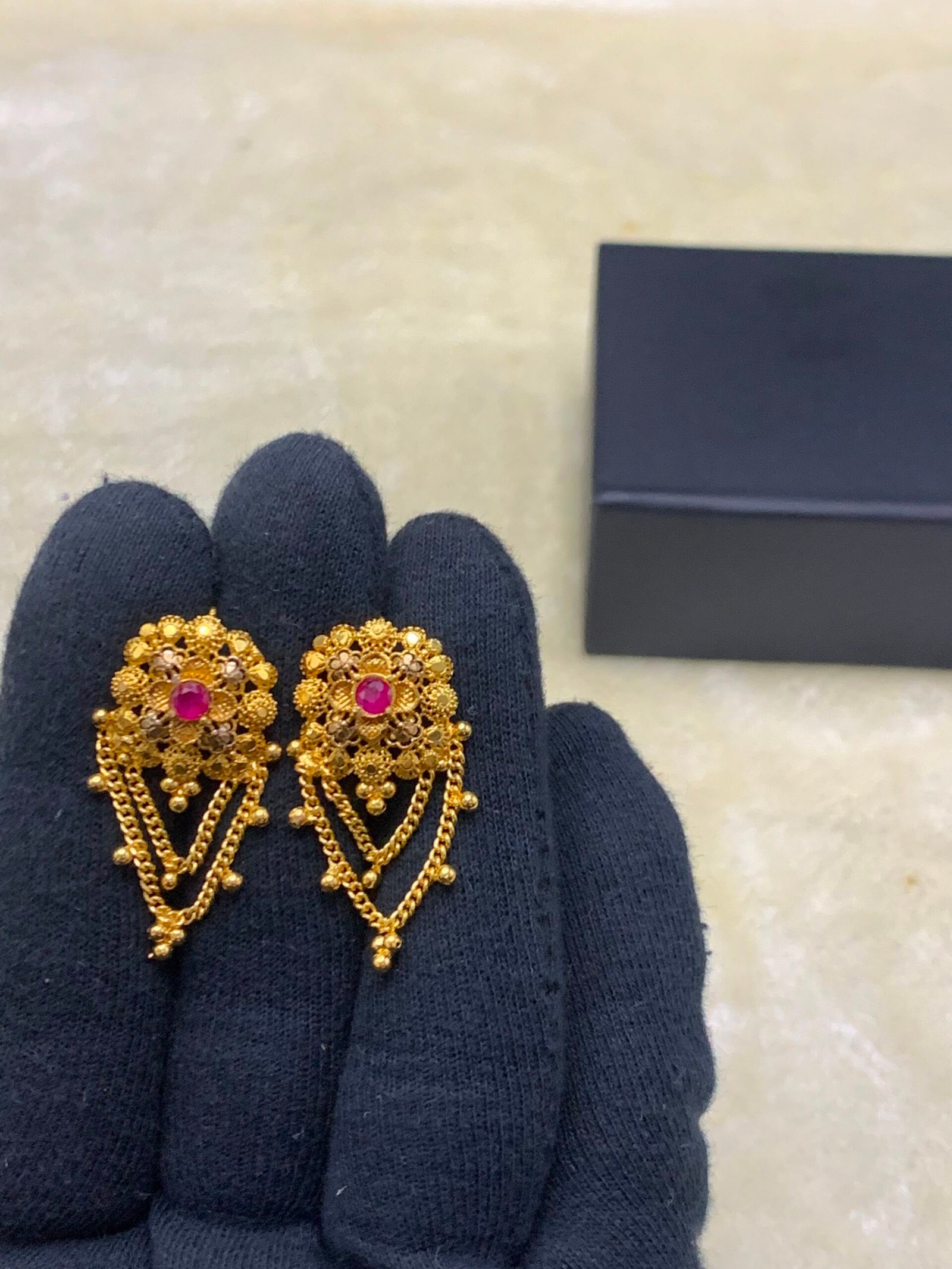 e (1) Gold-Plated Earrings with Real Stones & Double Layer Chain - Image 1